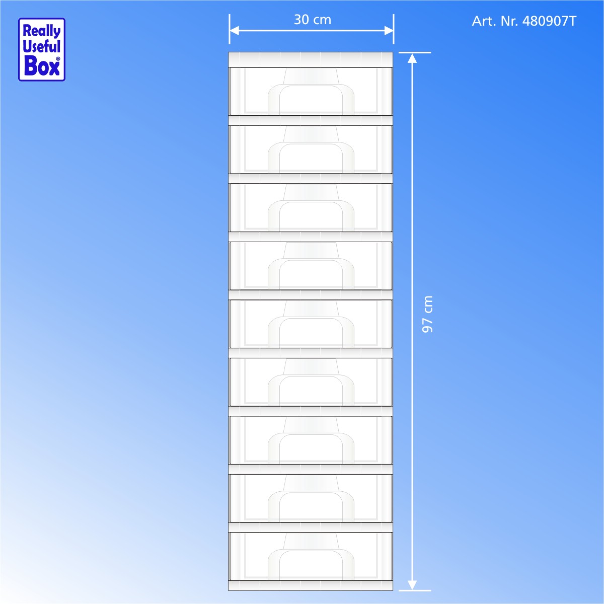 Single Tower 9 x 7-Liter-Schubladen, Gestell transparent